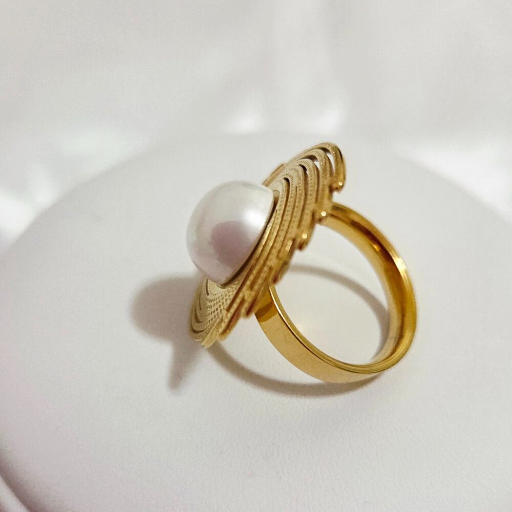 18K Gold Plated Stainless Steel Pearl Women's Ring Size 8